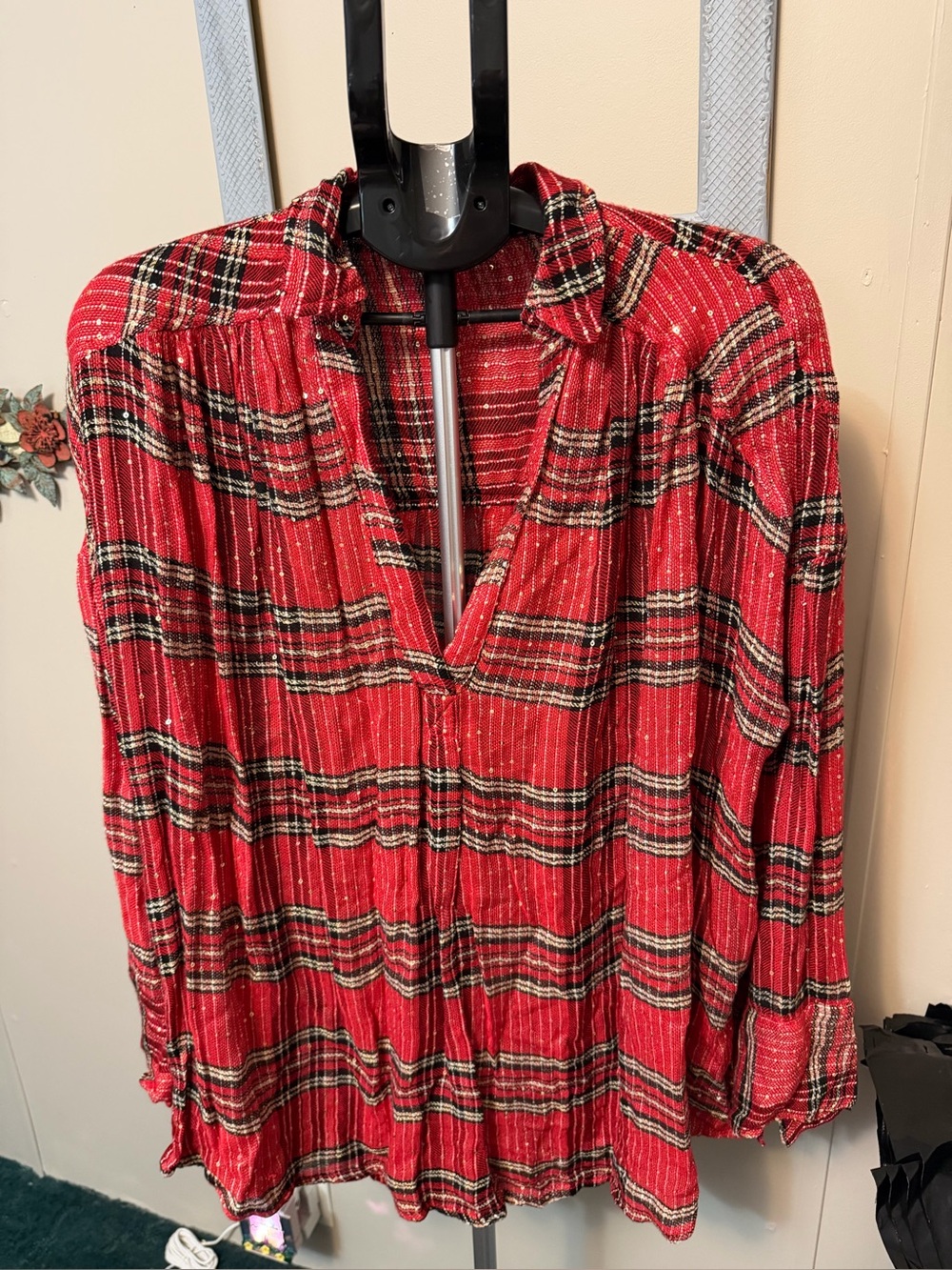 Free People Fearless Love Red Plaid Sequin Tunic Top Size M